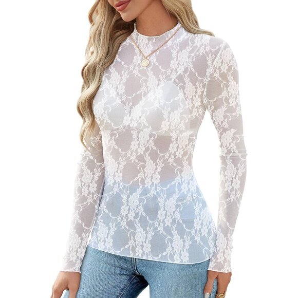 Women White Long Sleeve Mesh Top See Through Mock Neck Sheer Blouses - Picture 3 of 6